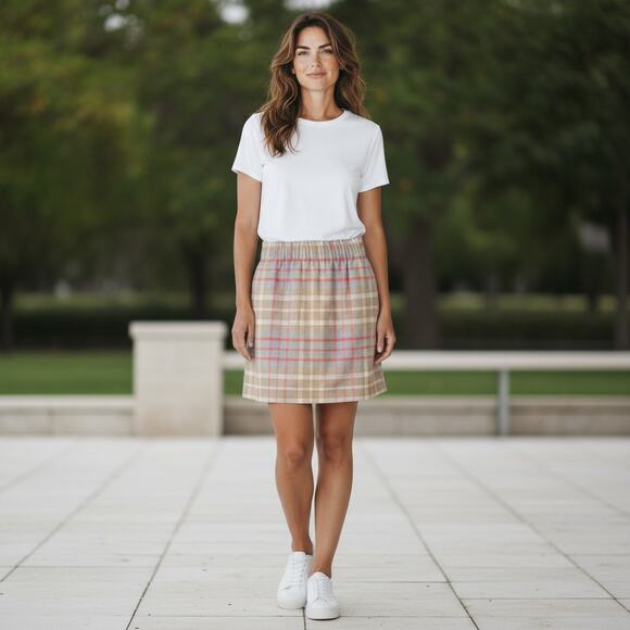 J.Crew Women Plaid Mini Skirt Size 12 NWT Wool Blend Elastic Waist Beige Orange - Picture 1 of 10